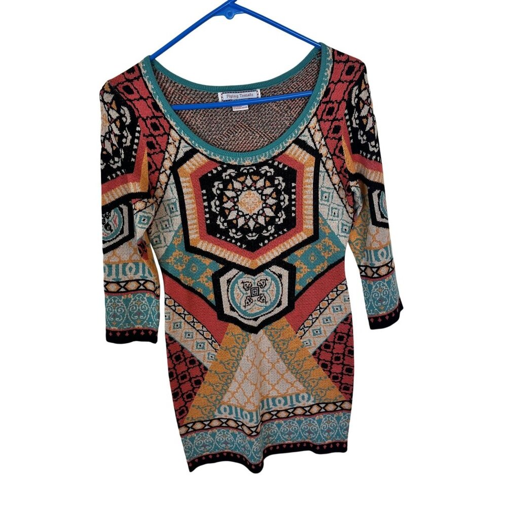 Flying Tomato Geometric Pattern Sweater Dress Mini Multicolor Small Mandala